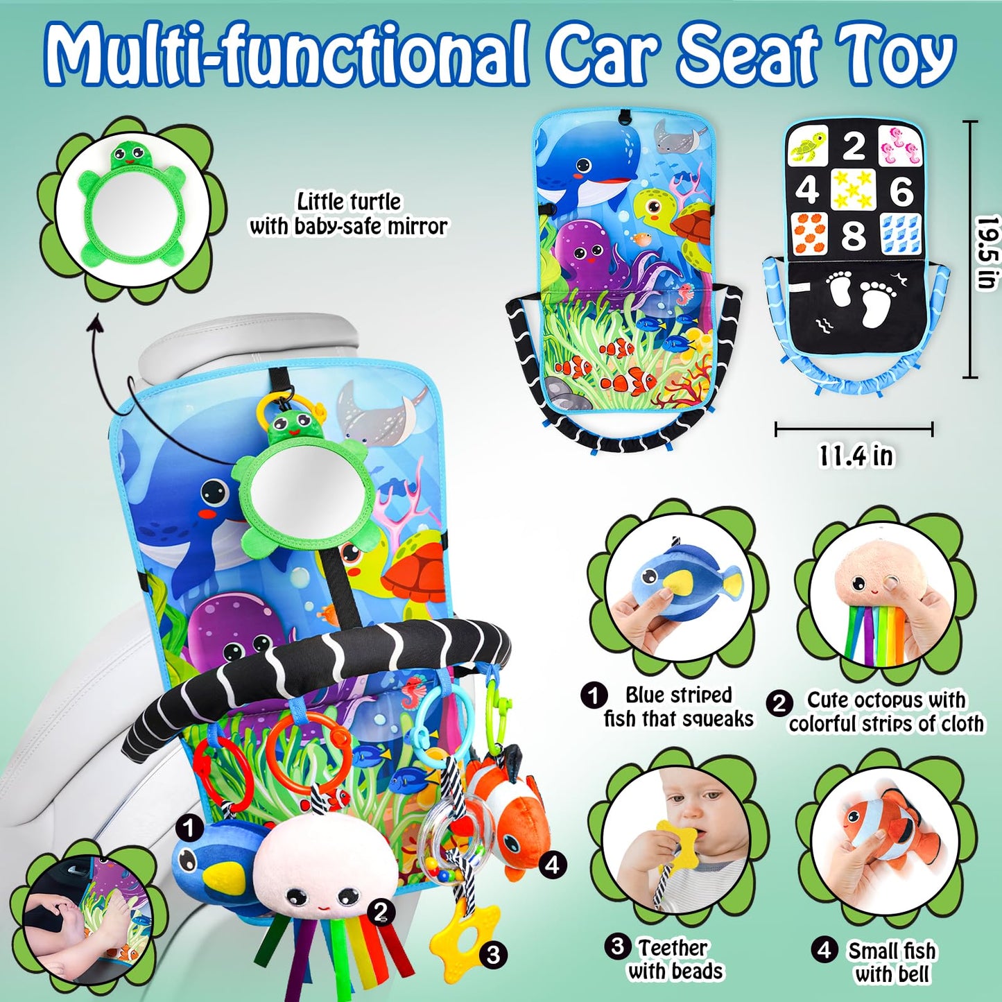 Innofans Baby Car Seat Ocean Animals Toys – Kick & Play Dual-Sided with Teether