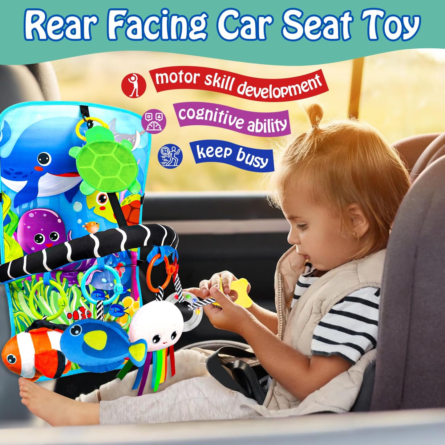 Innofans Baby Car Seat Ocean Animals Toys – Kick & Play Dual-Sided with Teether
