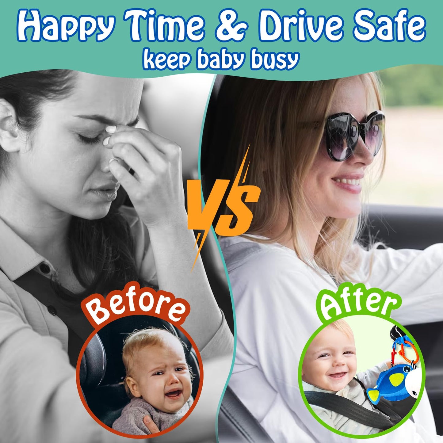 Innofans Baby Car Seat Ocean Animals Toys – Kick & Play Dual-Sided with Teether