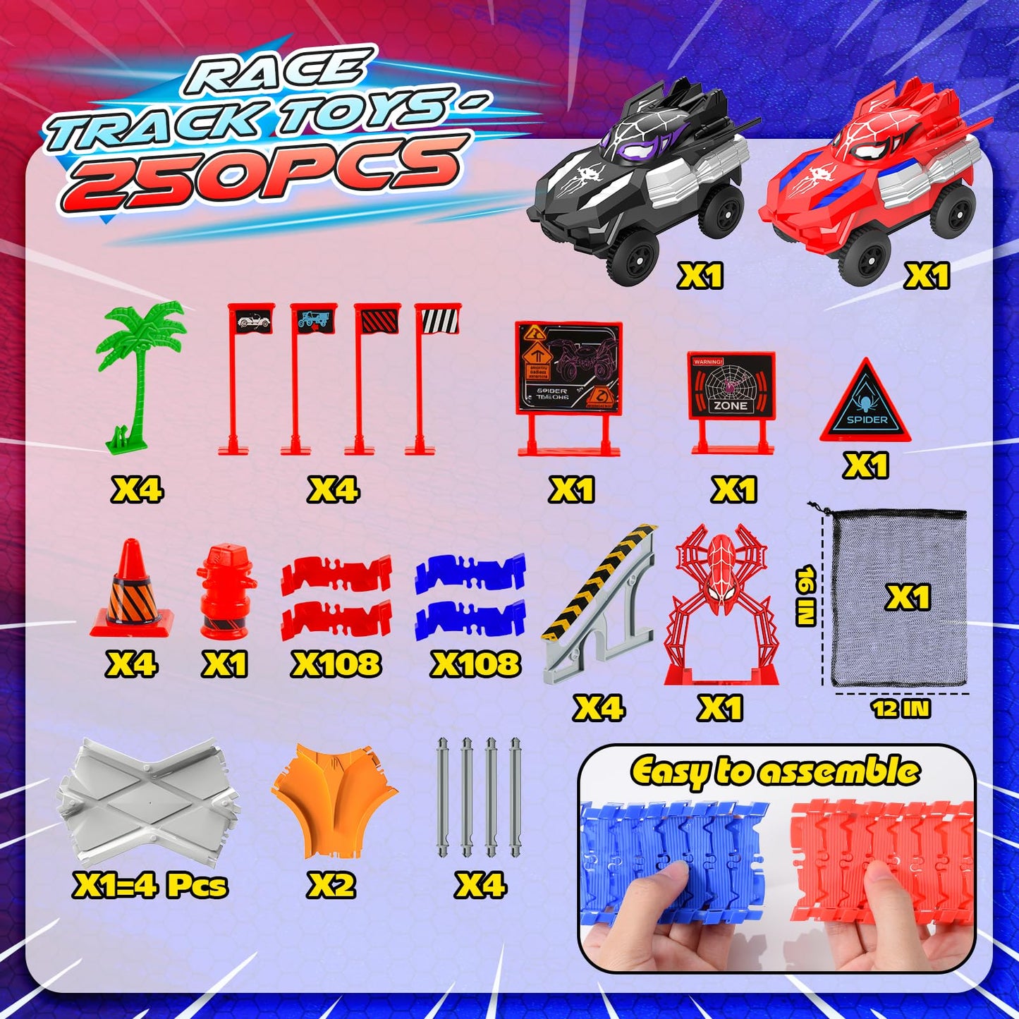Innofans Spider Toys: 250-Piece Flexible Race Track with 2 Monster Cars for Ages 3-6