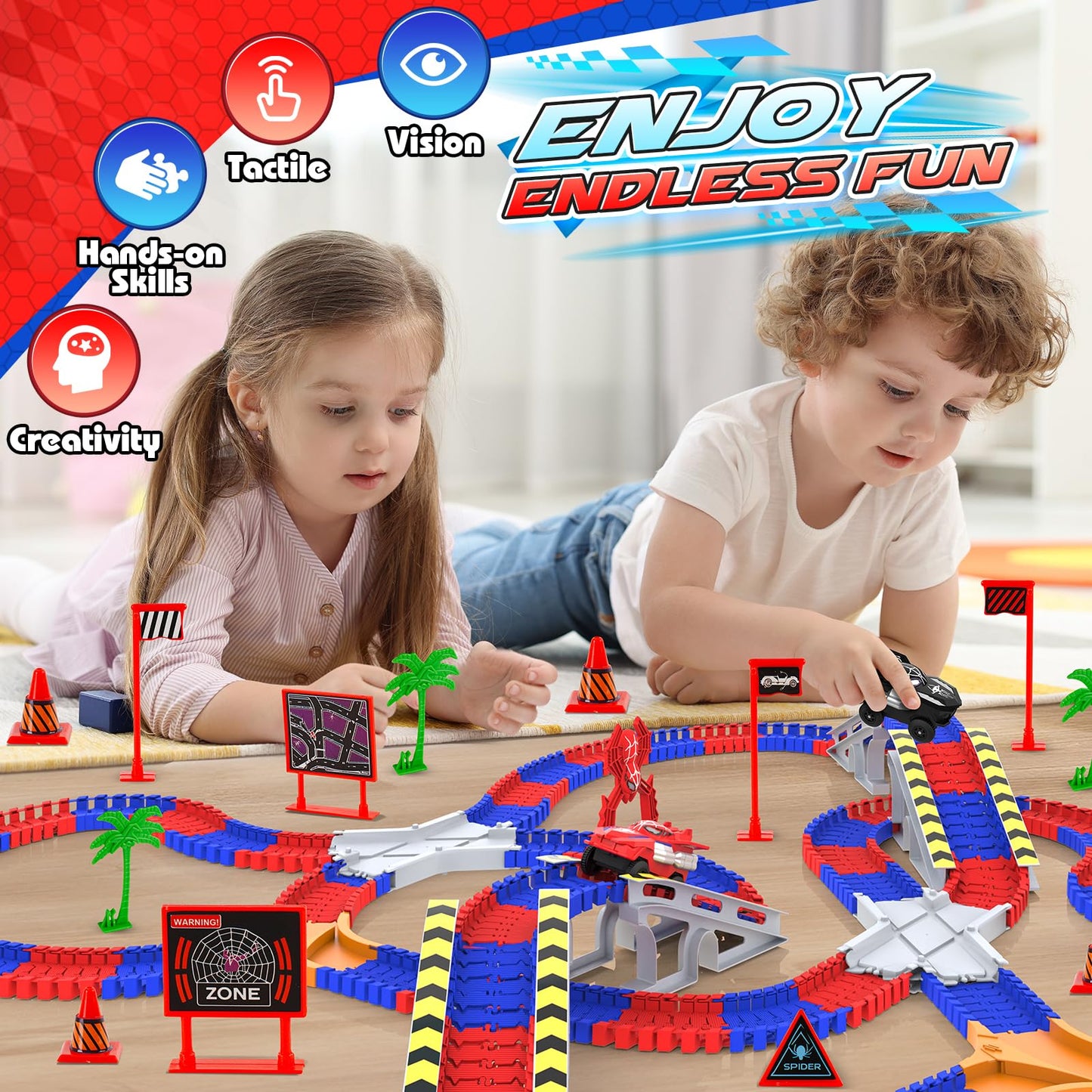 Innofans Spider Toys: 250-Piece Flexible Race Track with 2 Monster Cars for Ages 3-6