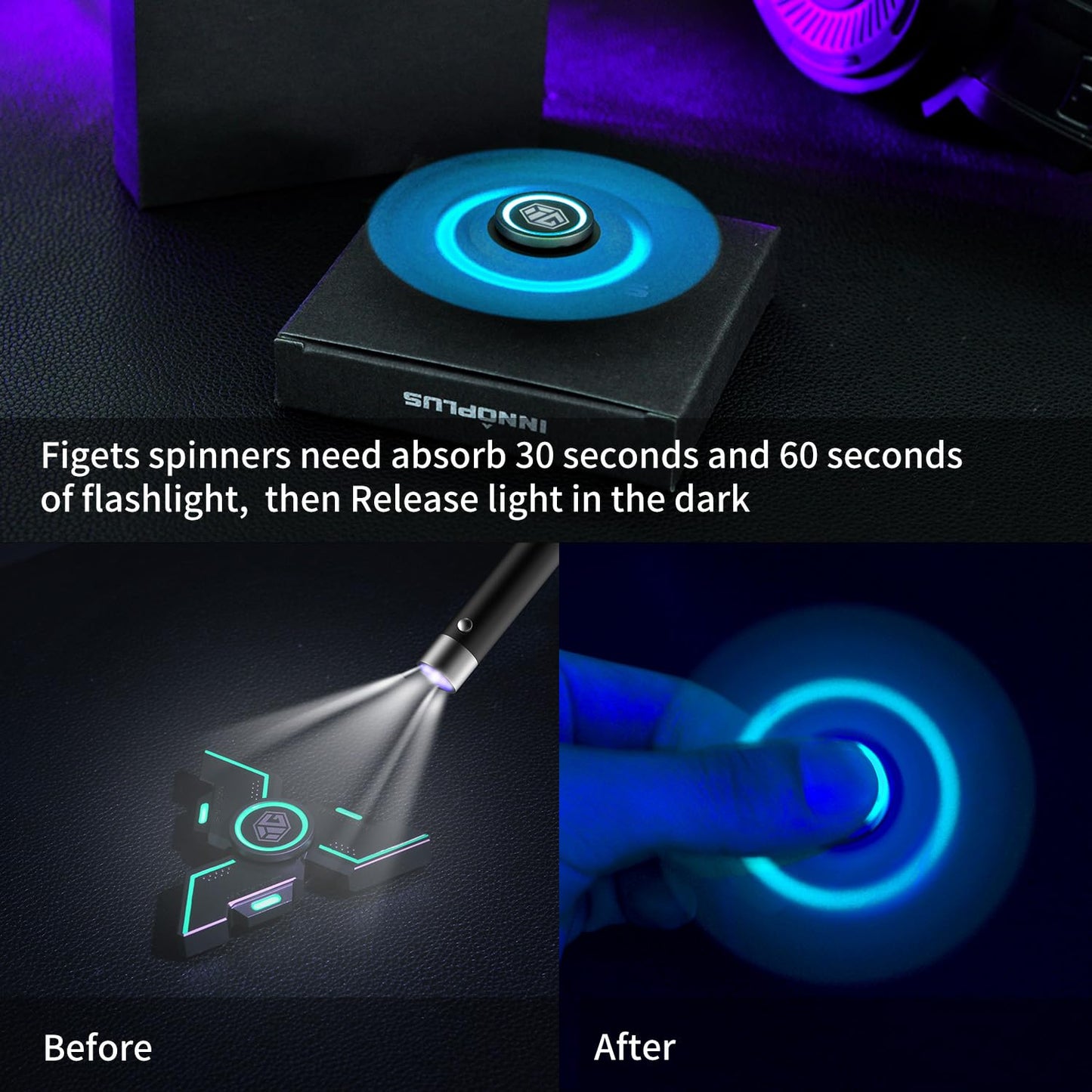 INNÔPLUS Fidget Spinners - Metal Spinner for Adults & Teens, Glow in the Dark, Portable Focus