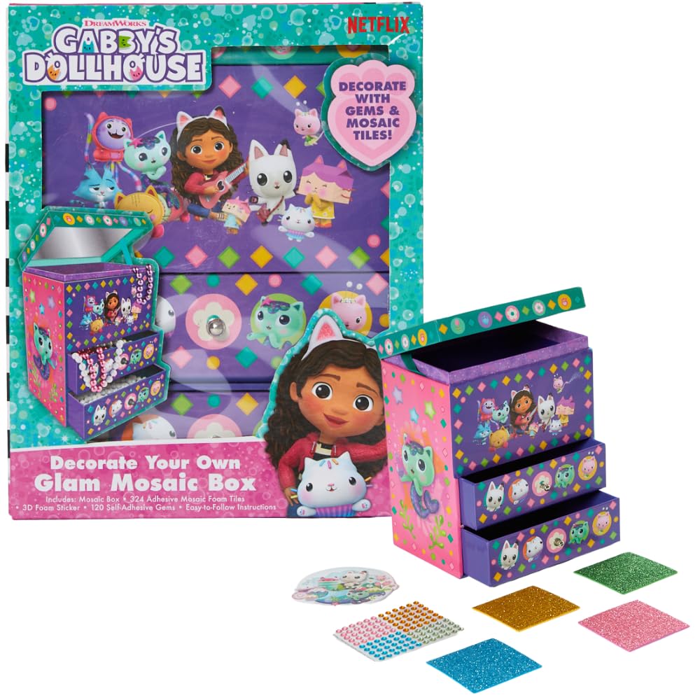 Innovative Designs Gabby's Dollhouse DIY Jewelry Box – Mosaic Box, Adhesive Gems & 3D Foam Sticker Kit