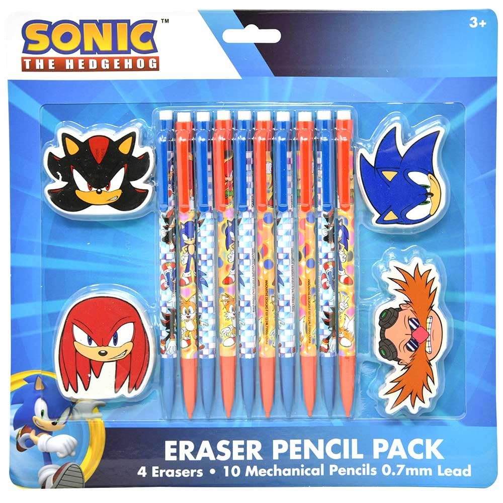 Innovative Designs Sonic Pencil Pack – 10 x 0.7mm Pencils + 4 Themed Erasers