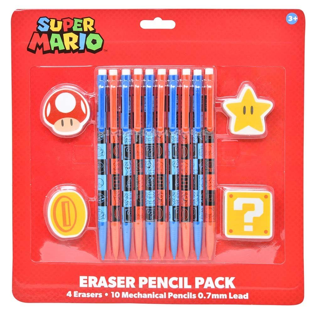 Innovative Designs Super Mario Eraser Pencil Pack | 10 Pack 0.7mm Pencils + 4 Erasers | Kids School Supplies