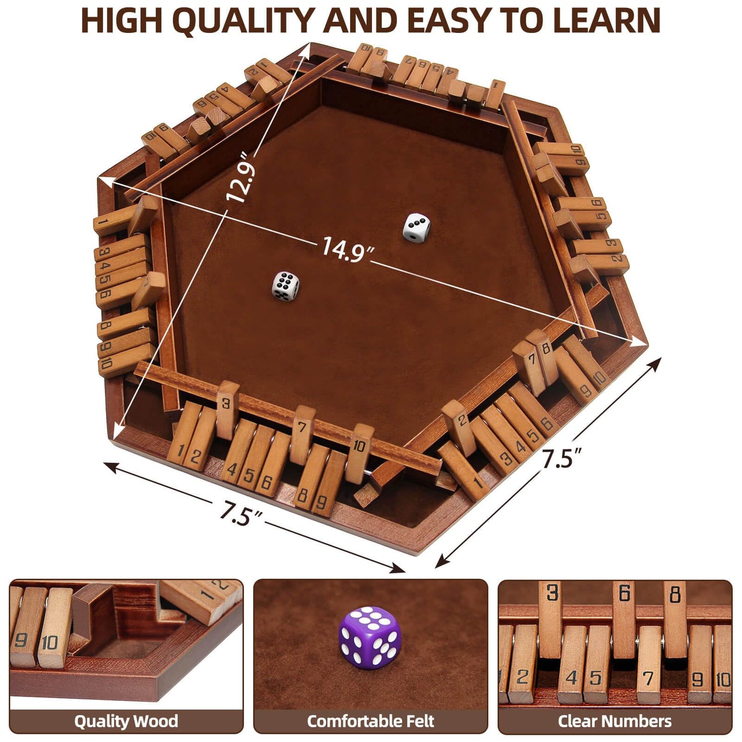 INNOVJOPRO Shut The Box Game – 6-Sided Wooden Box with 16 Dice