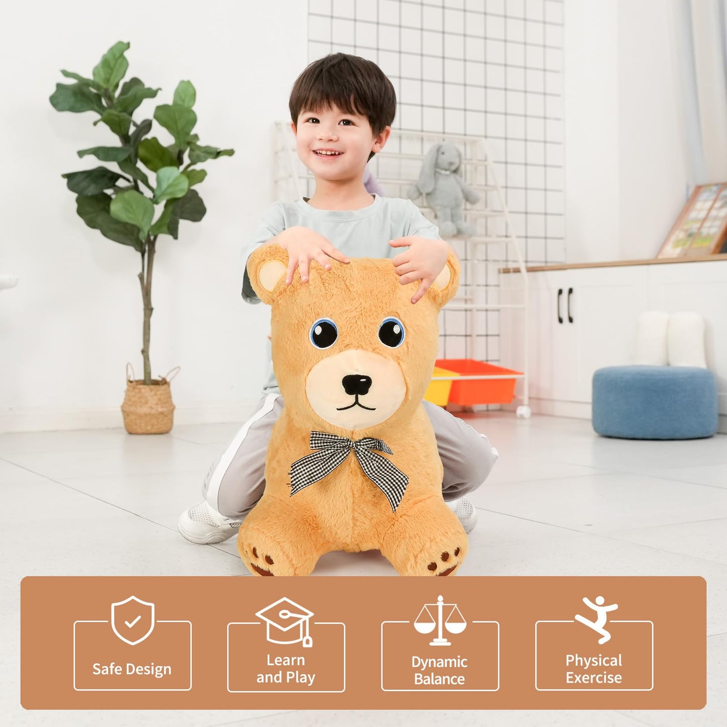 INPANY Bear Bouncy Hopper Toy for Toddlers – Plush Indoor/Outdoor Ride-On