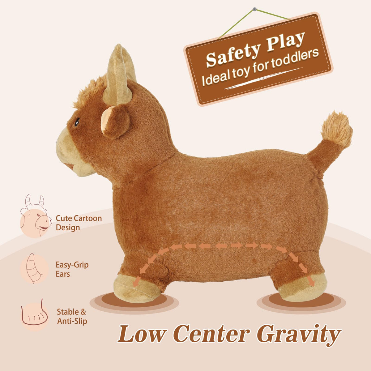 INPANY Bouncy Bull Hopping Toys - Toddler Plush Cow Hopper for 2-4 Year Olds | Indoor/Outdoor Ride-On