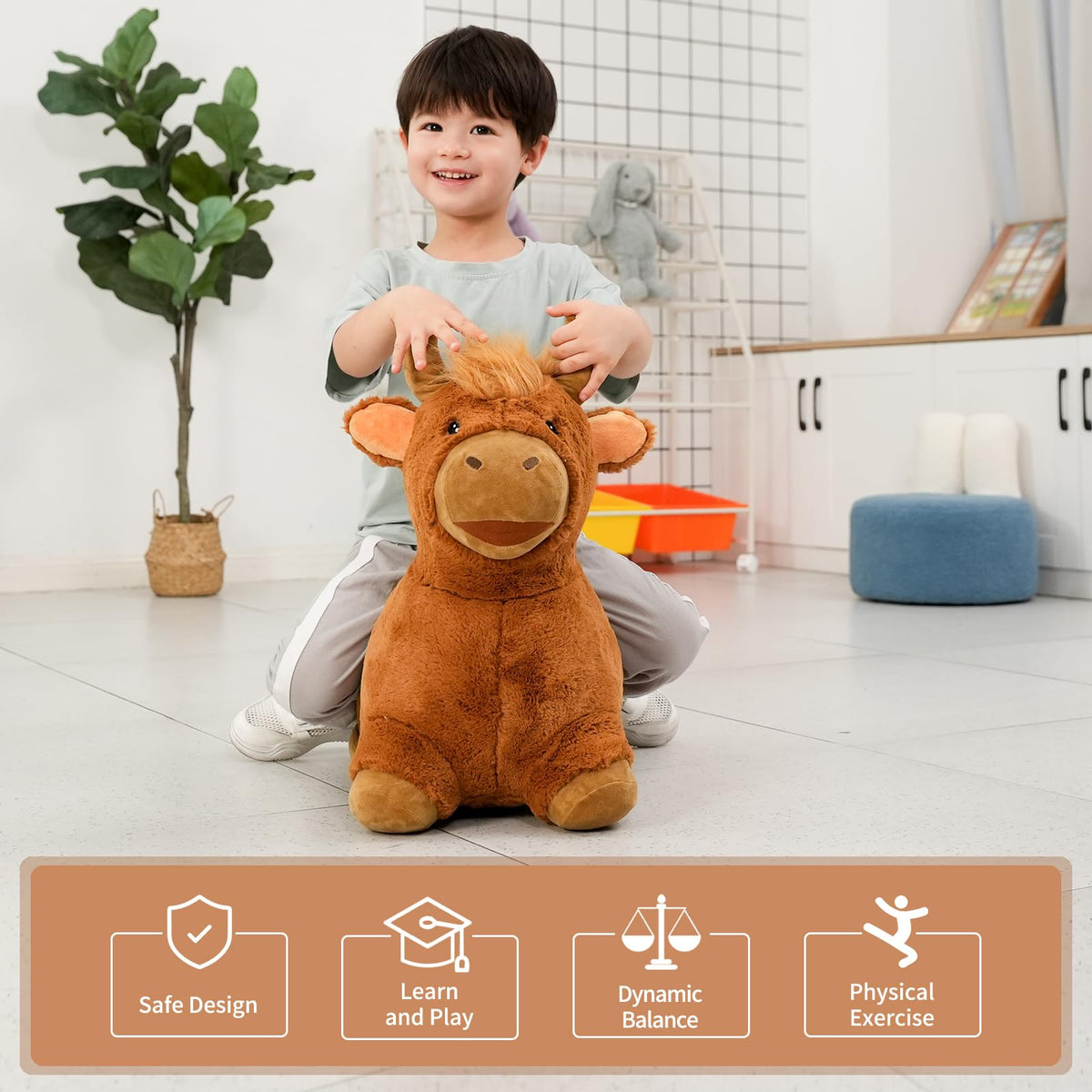 INPANY Bouncy Bull Hopping Toys - Toddler Plush Cow Hopper for 2-4 Year Olds | Indoor/Outdoor Ride-On