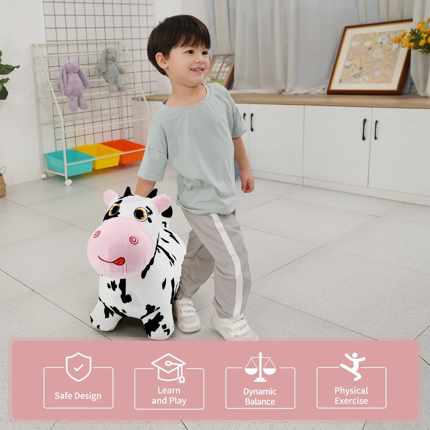 INPANY Bouncy Cow Farm Toy – Plush Ride-On Hopper for Toddlers (2-4)