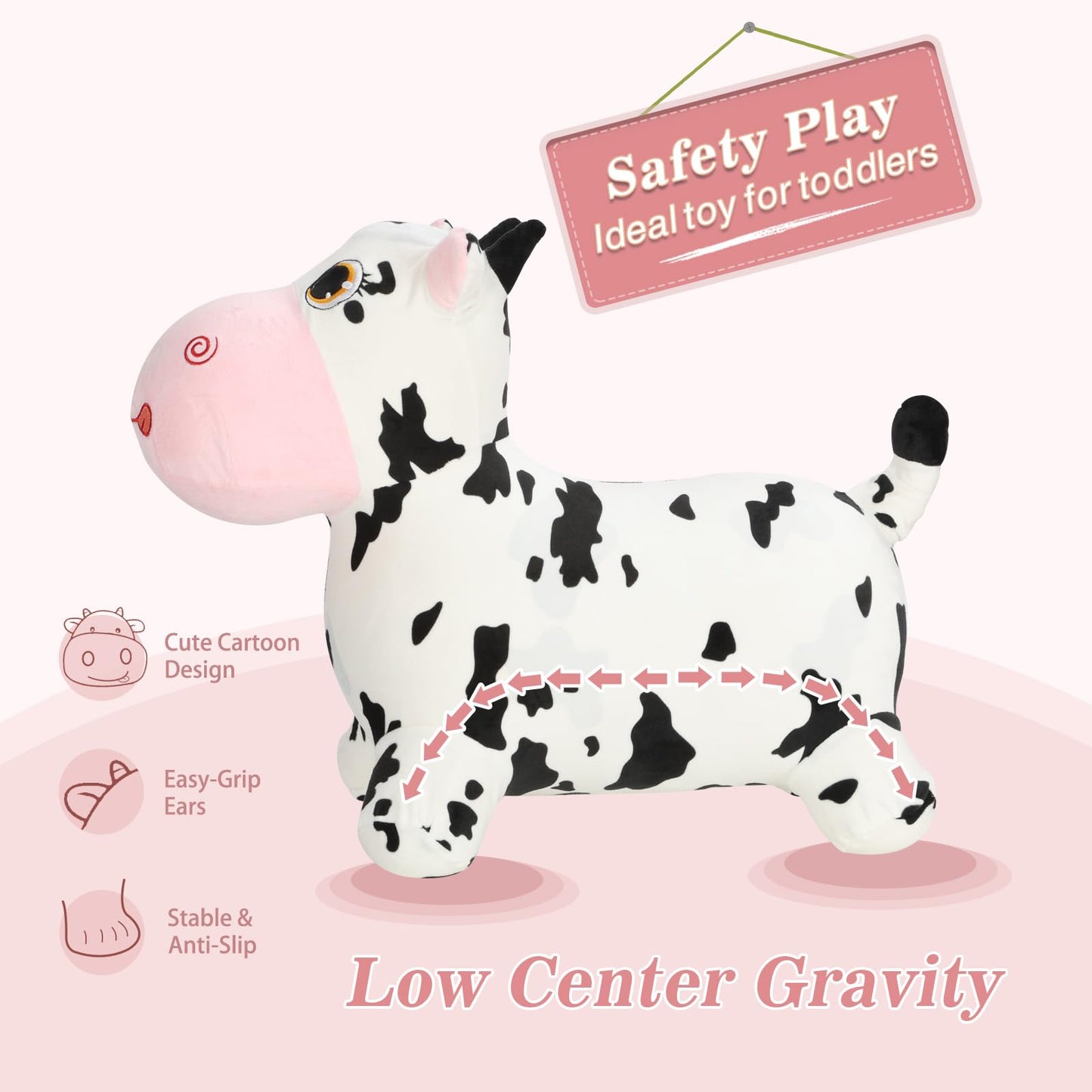 INPANY Bouncy Cow Farm Toy – Plush Ride-On Hopper for Toddlers (2-4)