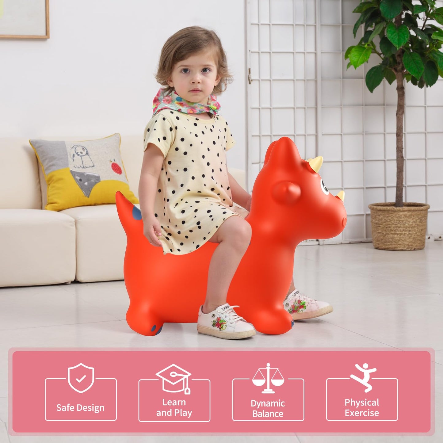 INPANY Bouncy Horse and Dinosaur Hopper – Durable Inflatable Toddler Bouncer for Indoor and Outdoor Play (Red)