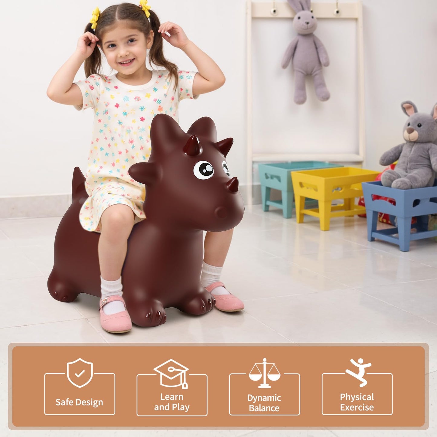 INPANY Bouncy Horse & Dinosaur Hopper — Inflatable Triceratops Ride-On for Toddlers (2–4 Years)