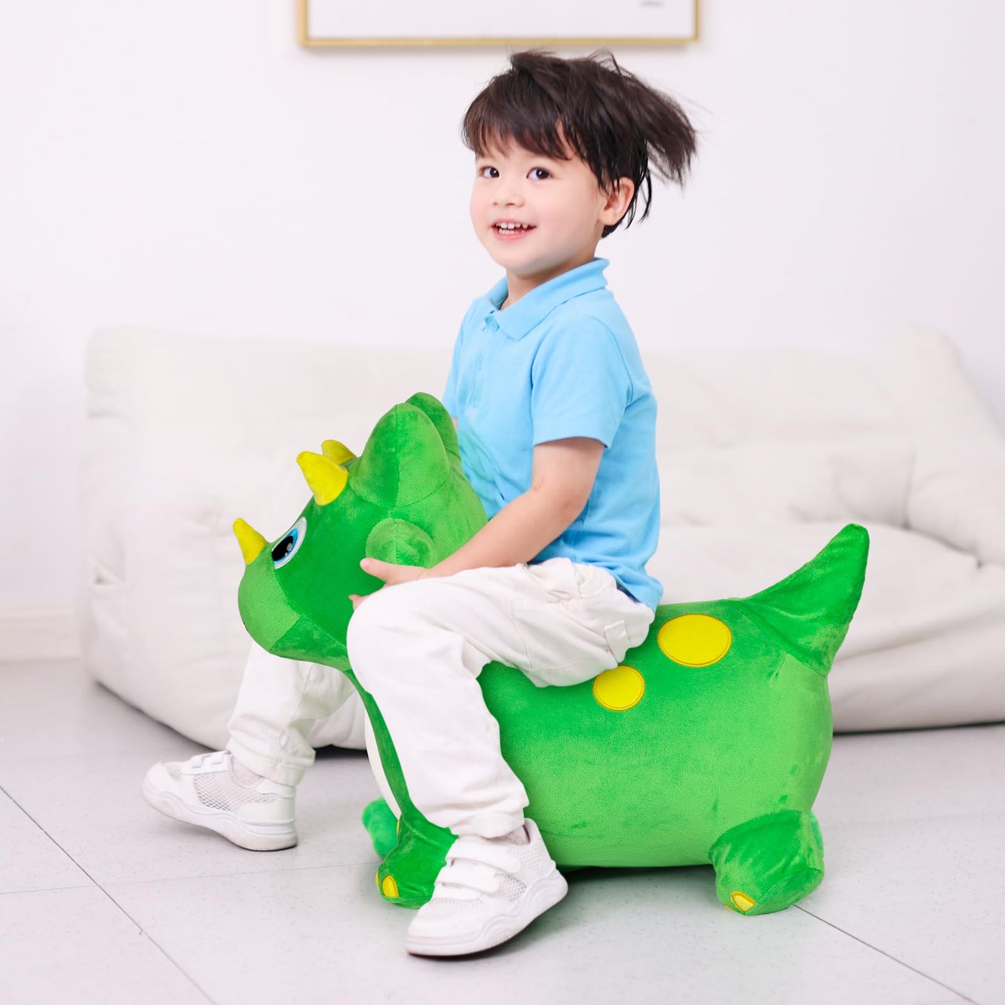 INPANY Bouncy Dinosaur Hopper Toy – Plush Triceratops Ride-On for Toddlers