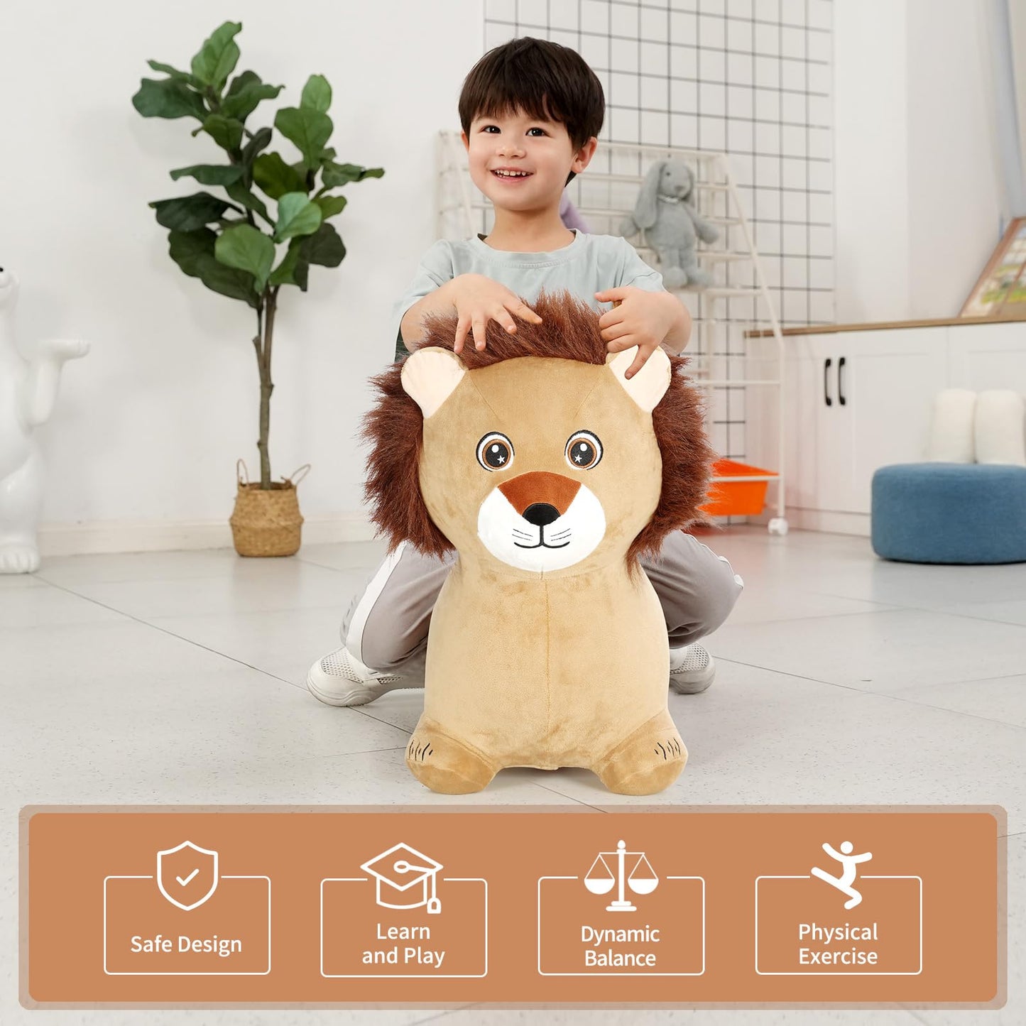 INPANY Bouncy Horse Lion Hopper Toy for Toddlers | Plush Ride-On Bouncer