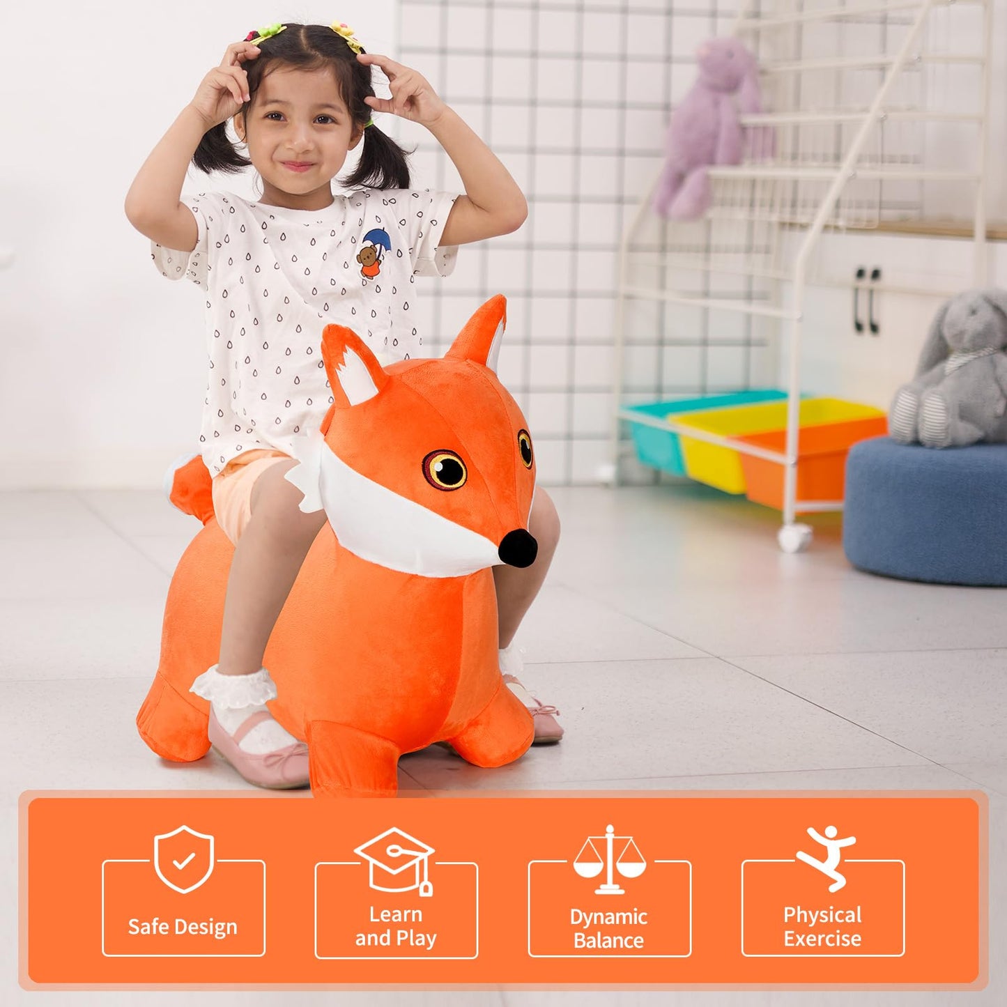 INPANY Fox Hopper Toy – Plush Bouncy Ride-On for Toddlers (Indoor/Outdoor)