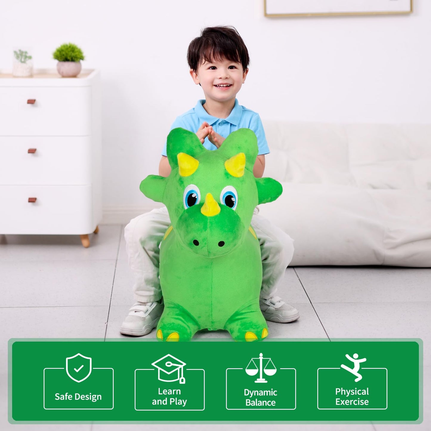 INPANY Bouncy Dinosaur Hopper Toy – Plush Triceratops Ride-On for Toddlers