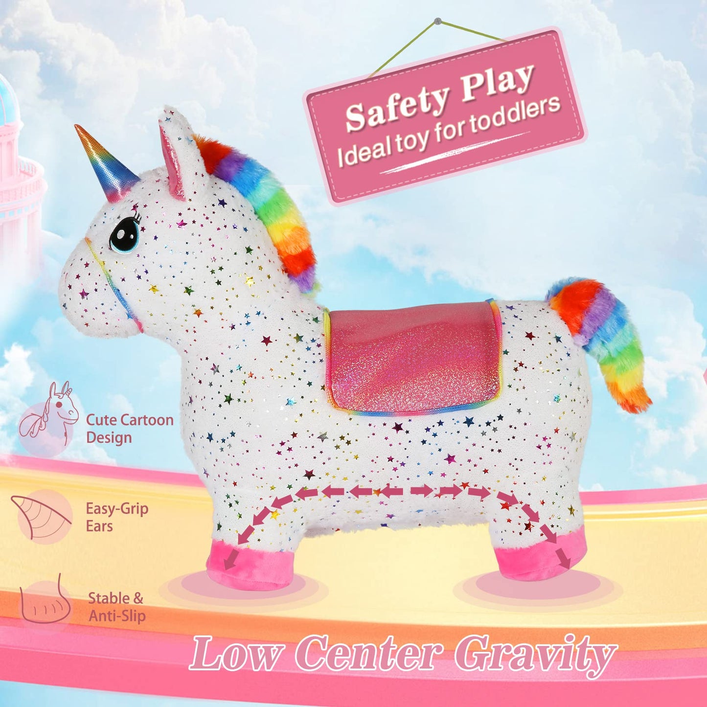 INPANY Unicorn Bouncy Horse Toy for Toddlers | Plush Inflatable Ride-on Hopper