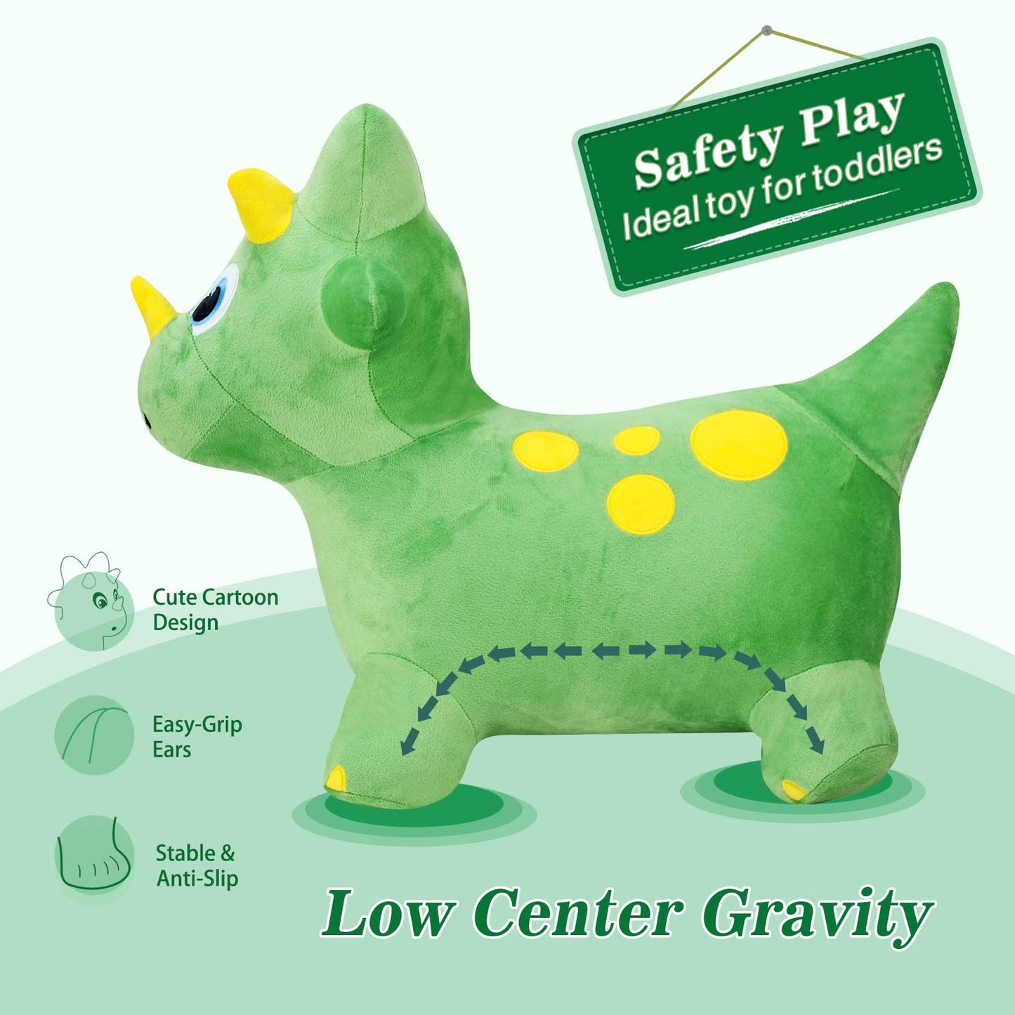 INPANY Bouncy Dinosaur Hopper Toy – Plush Triceratops Ride-On for Toddlers