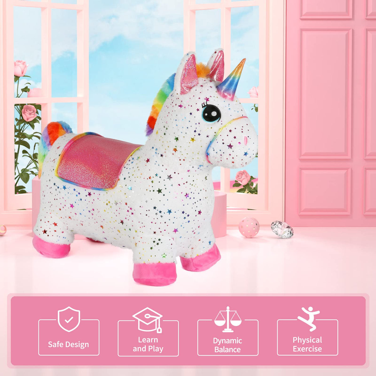 INPANY Unicorn Bouncy Horse Toy for Toddlers | Plush Inflatable Ride-on Hopper