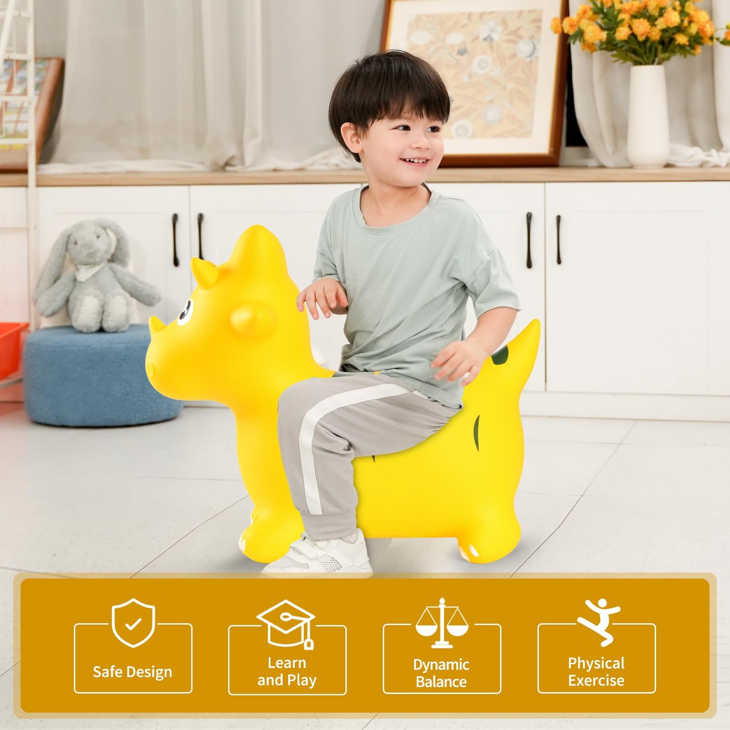 INPANY Bouncy Horse & Dinosaur Hopper Toy – Toddler Inflatable Ride-On (2–4 yrs) – Yellow