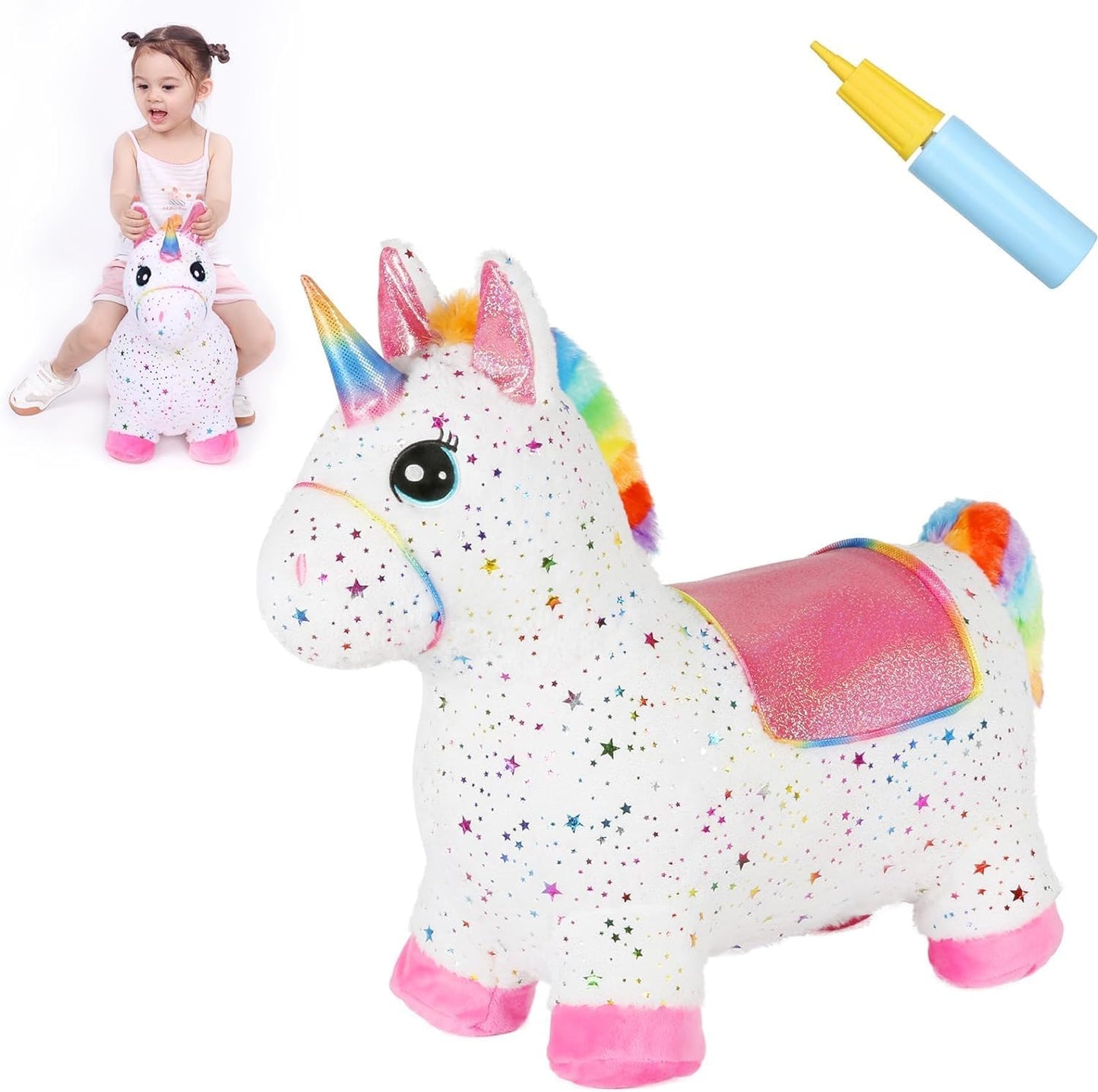 INPANY Unicorn Bouncy Horse Toy for Toddlers | Plush Inflatable Ride-on Hopper