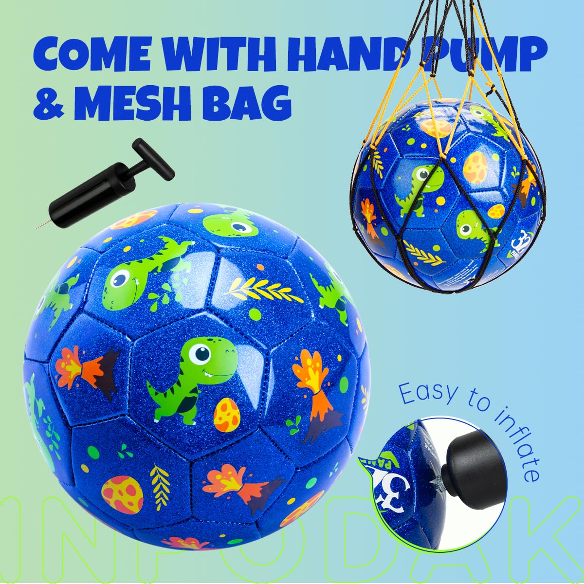 INPODAK Size 2 Toddler Soccer Ball – Glitter Dinosaur Blue + Pump & Mesh Bag