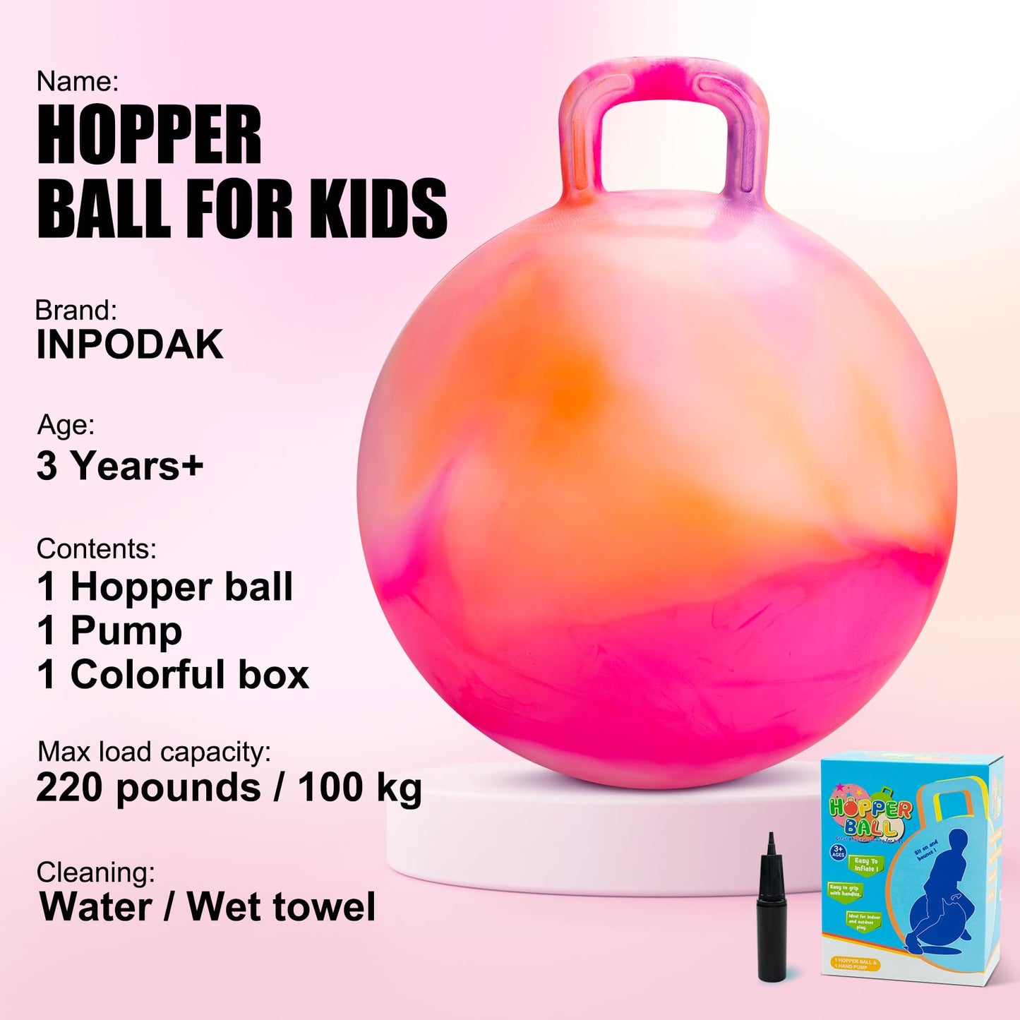 INPODAK Hopper Ball 18 Inch with Handle – Safe, Durable Kids Toy for Ages 3–6