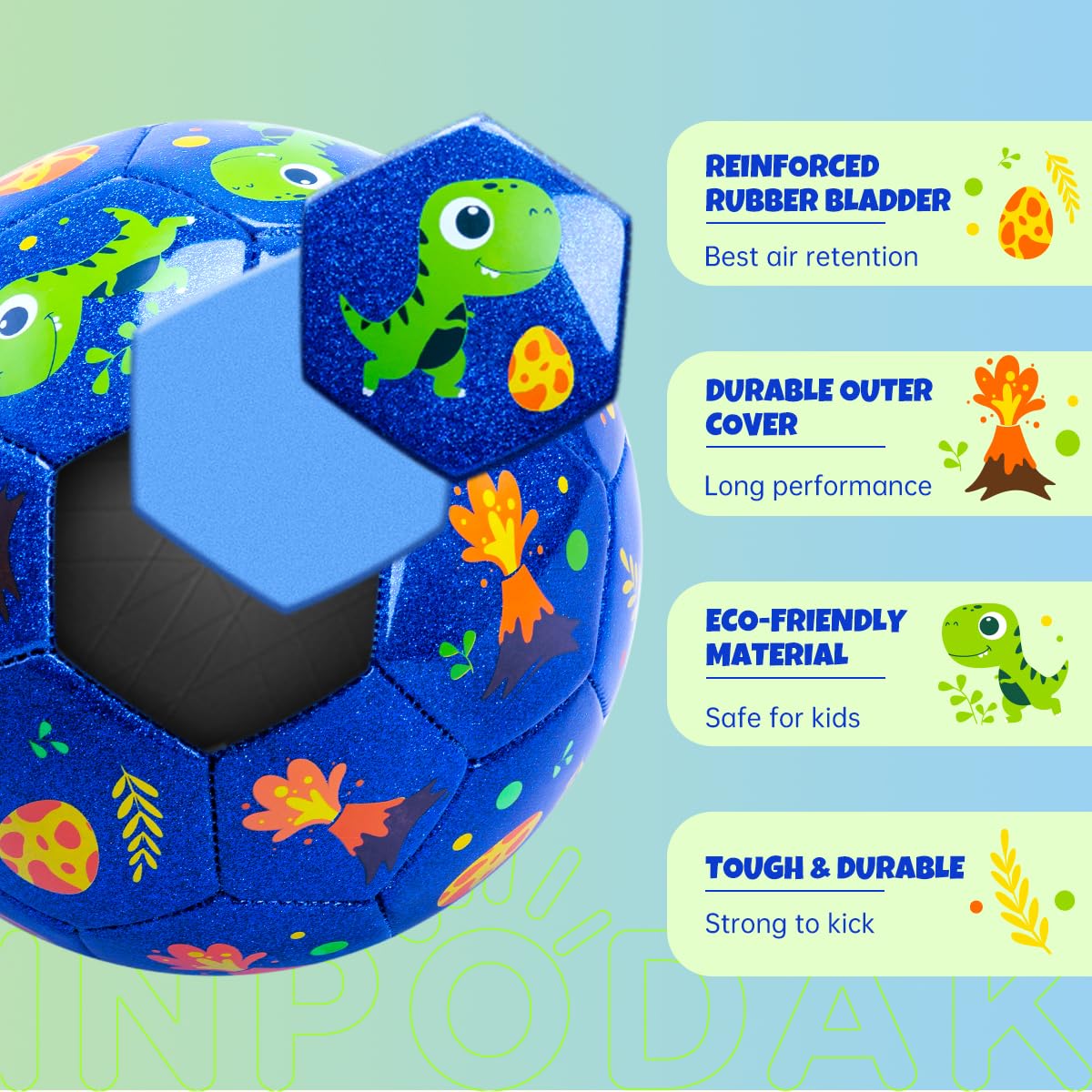 INPODAK Size 2 Toddler Soccer Ball – Glitter Dinosaur Blue + Pump & Mesh Bag