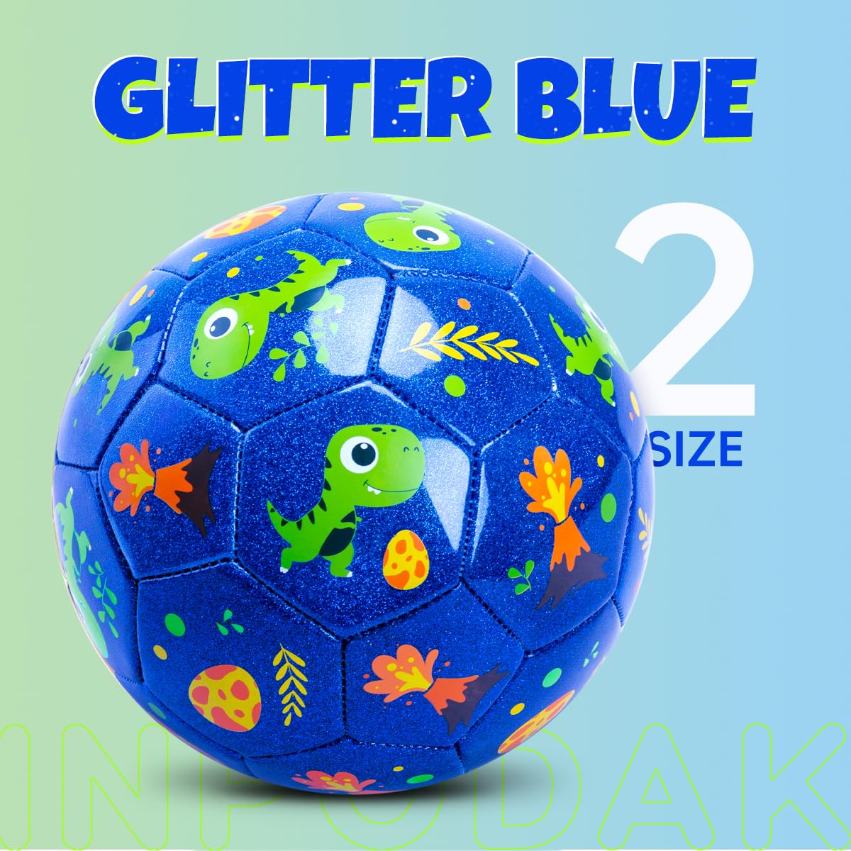 INPODAK Size 2 Toddler Soccer Ball – Glitter Dinosaur Blue + Pump & Mesh Bag