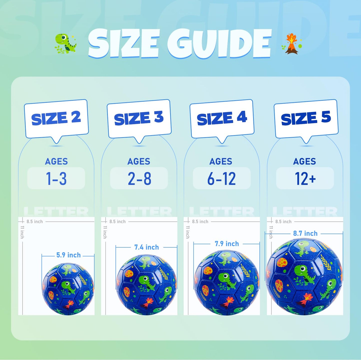 INPODAK Size 2 Toddler Soccer Ball – Glitter Dinosaur Blue + Pump & Mesh Bag
