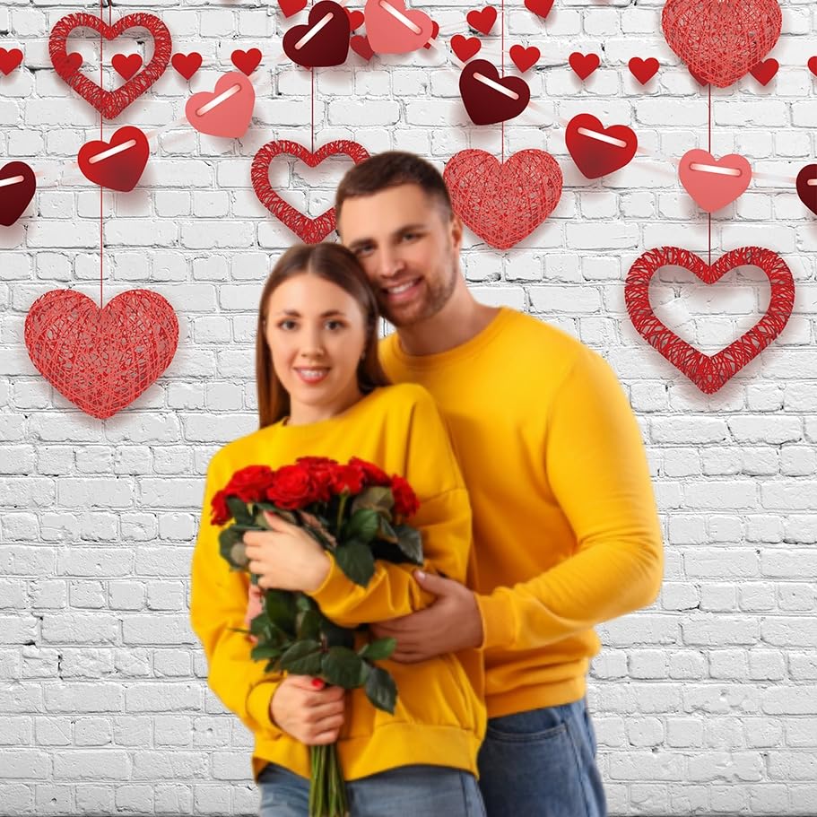 INRUI RUINI Valentine's Backdrop — Bokeh Red Heart on Rustic White Brick Wall & Gray Wood Floor, 8x10ft
