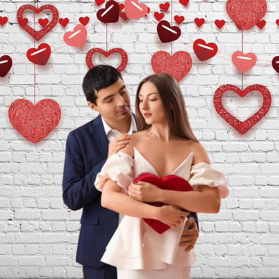 INRUI RUINI Valentine's Backdrop — Bokeh Red Heart on Rustic White Brick Wall & Gray Wood Floor, 8x10ft