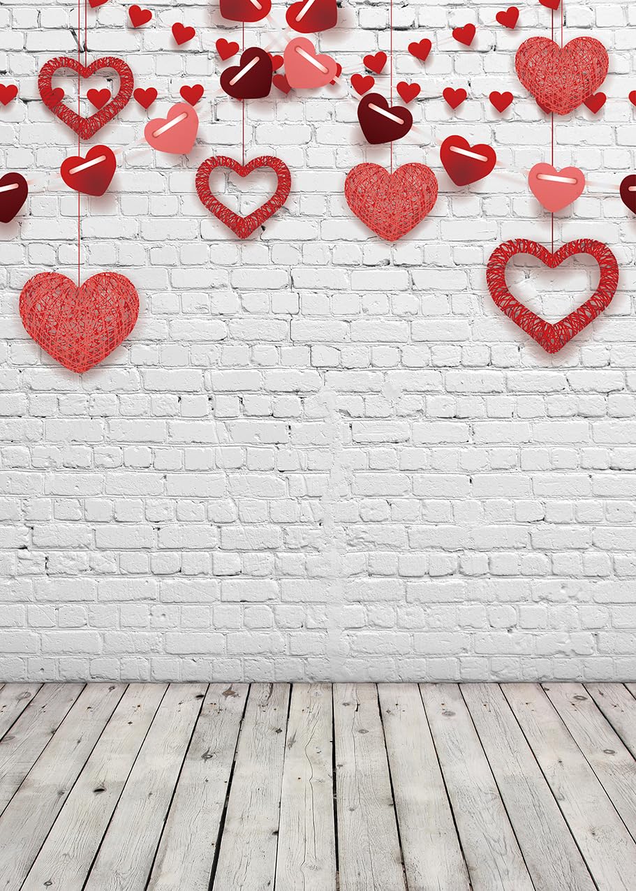 INRUI RUINI Valentine's Backdrop — Bokeh Red Heart on Rustic White Brick Wall & Gray Wood Floor, 8x10ft