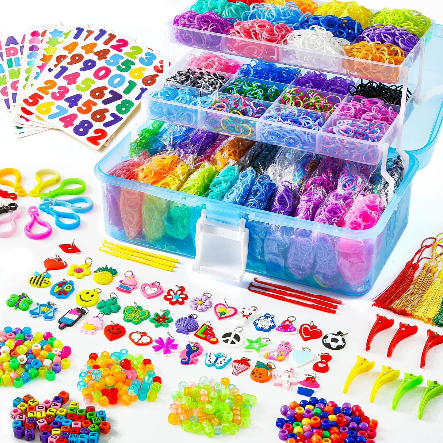 INSCRAFT 17500+ Rubber Loom Bands Kit – 28 Colors, 600 S-Clips, 352 Beads, 40 Pendants, 3-Layer Blue Container