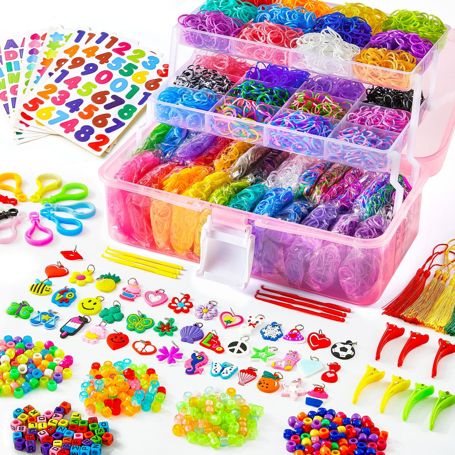 INSCRAFT 17500+ Rubber Loom Bands Kit – 28 Colors, 600 S-Clips, 352 Beads, 40 Pendants, Pink Storage Case
