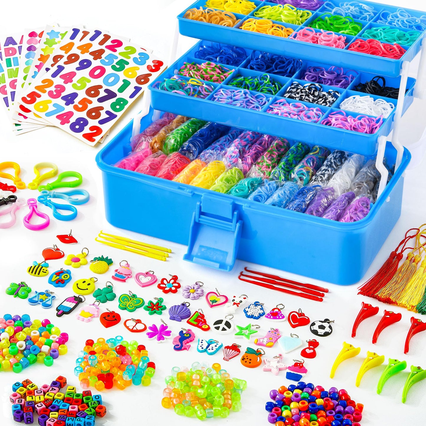INSCRAFT 17500+ Rubber Loom Bands Kit – 28 Colors, 3-Layer Deep Blue Container, 600 S-Clips