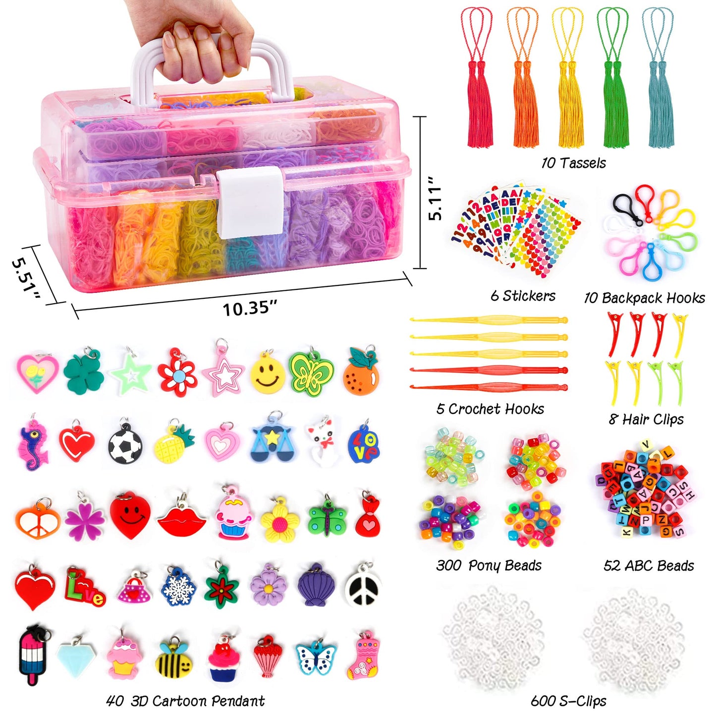 INSCRAFT 17500+ Rubber Loom Bands Kit – 28 Colors, 600 S-Clips, 352 Beads, 40 Pendants, Pink Storage Case