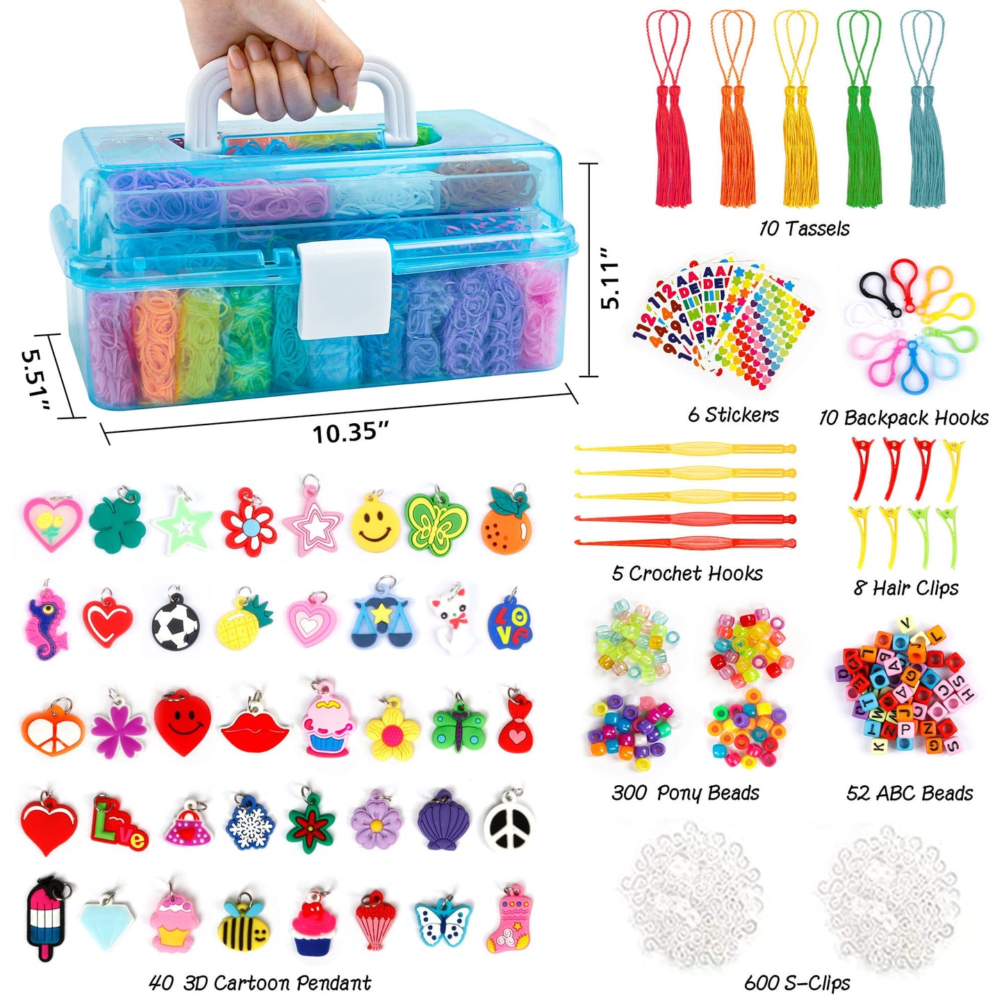 INSCRAFT 17500+ Rubber Loom Bands Kit – 28 Colors, 600 S-Clips, 352 Beads, 40 Pendants, 3-Layer Blue Container