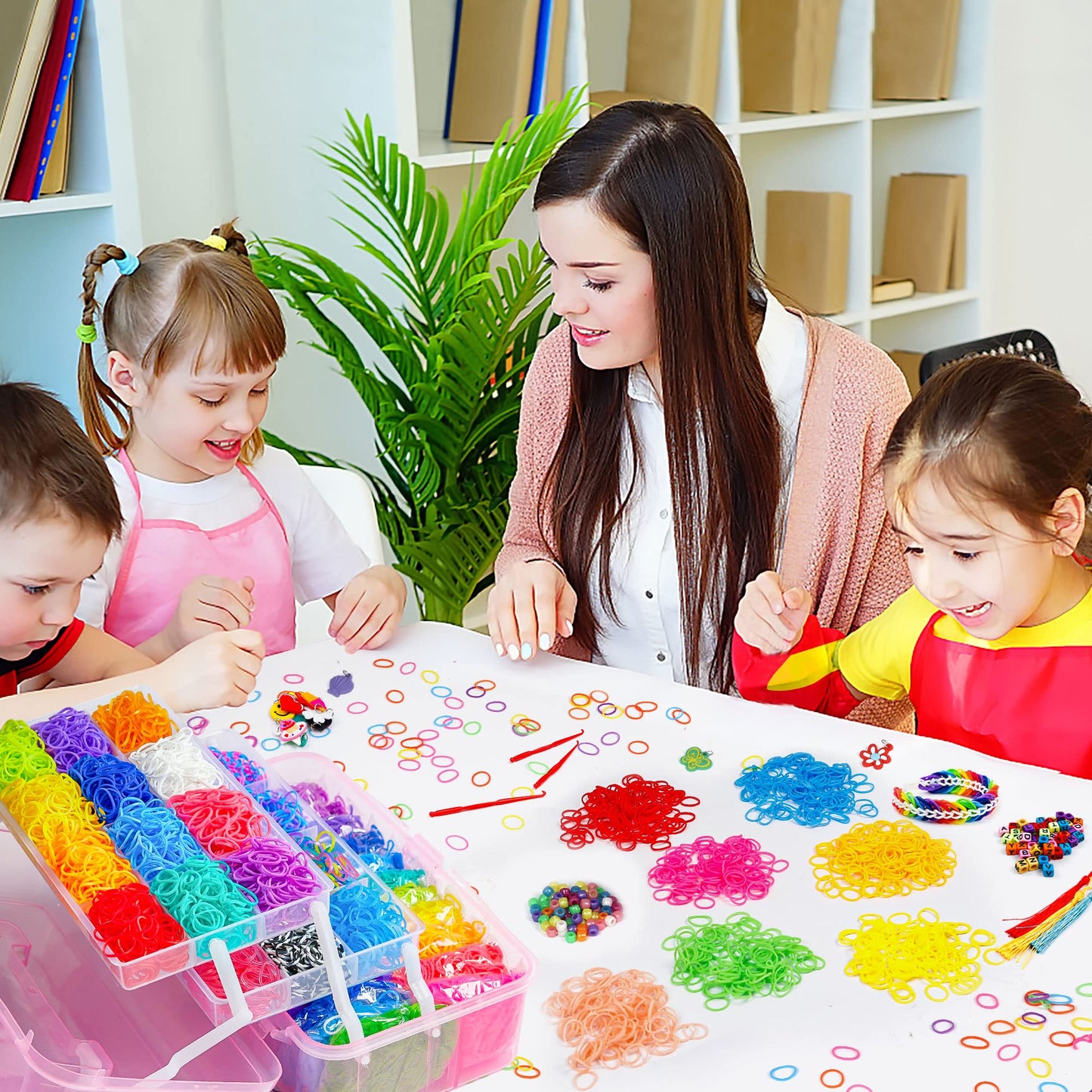 INSCRAFT 17500+ Rubber Loom Bands Kit – 28 Colors, 600 S-Clips, 352 Beads, 40 Pendants, Pink Storage Case