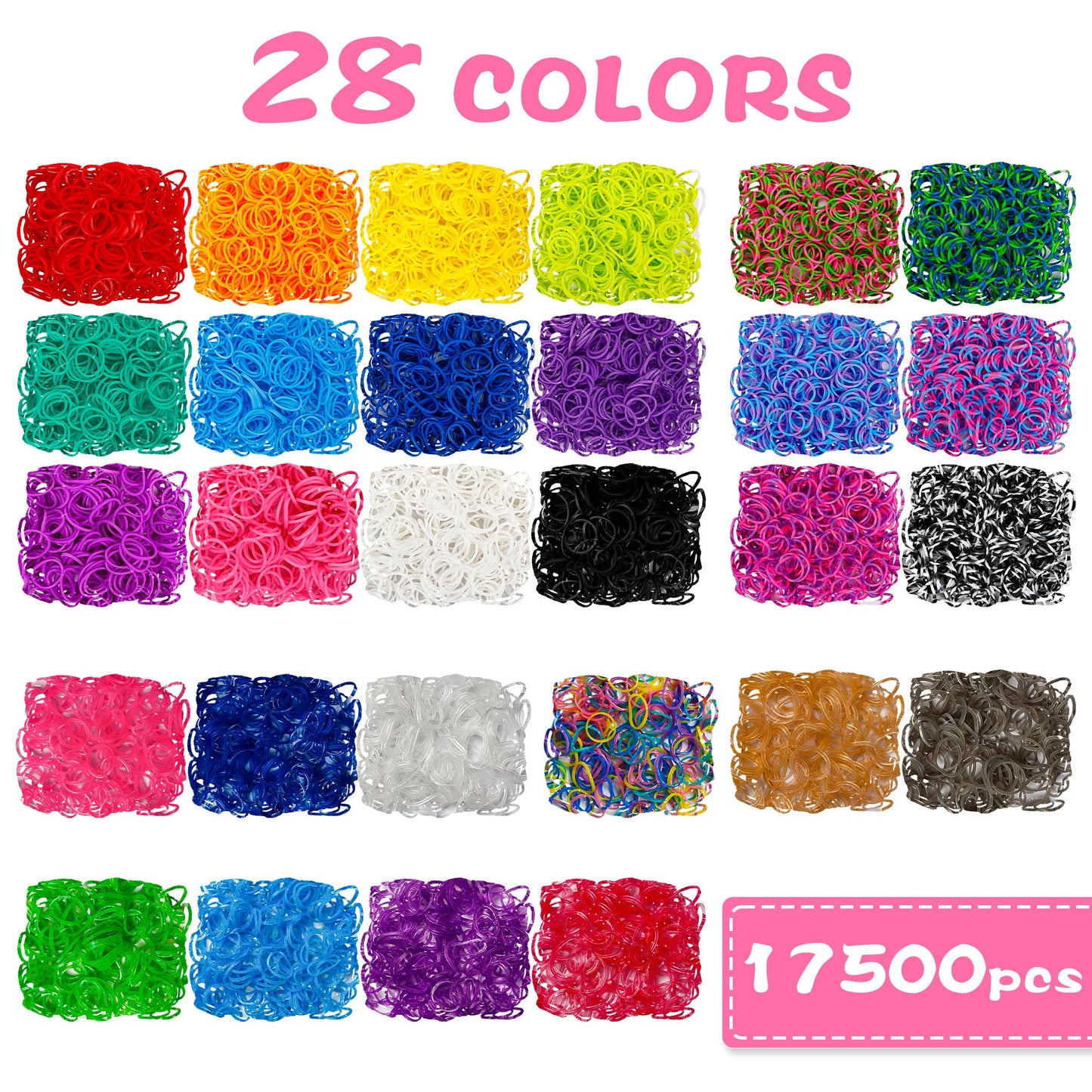 INSCRAFT 17500+ Rubber Loom Bands Kit – 28 Colors, 600 S-Clips, 352 Beads, 40 Pendants, Pink Storage Case