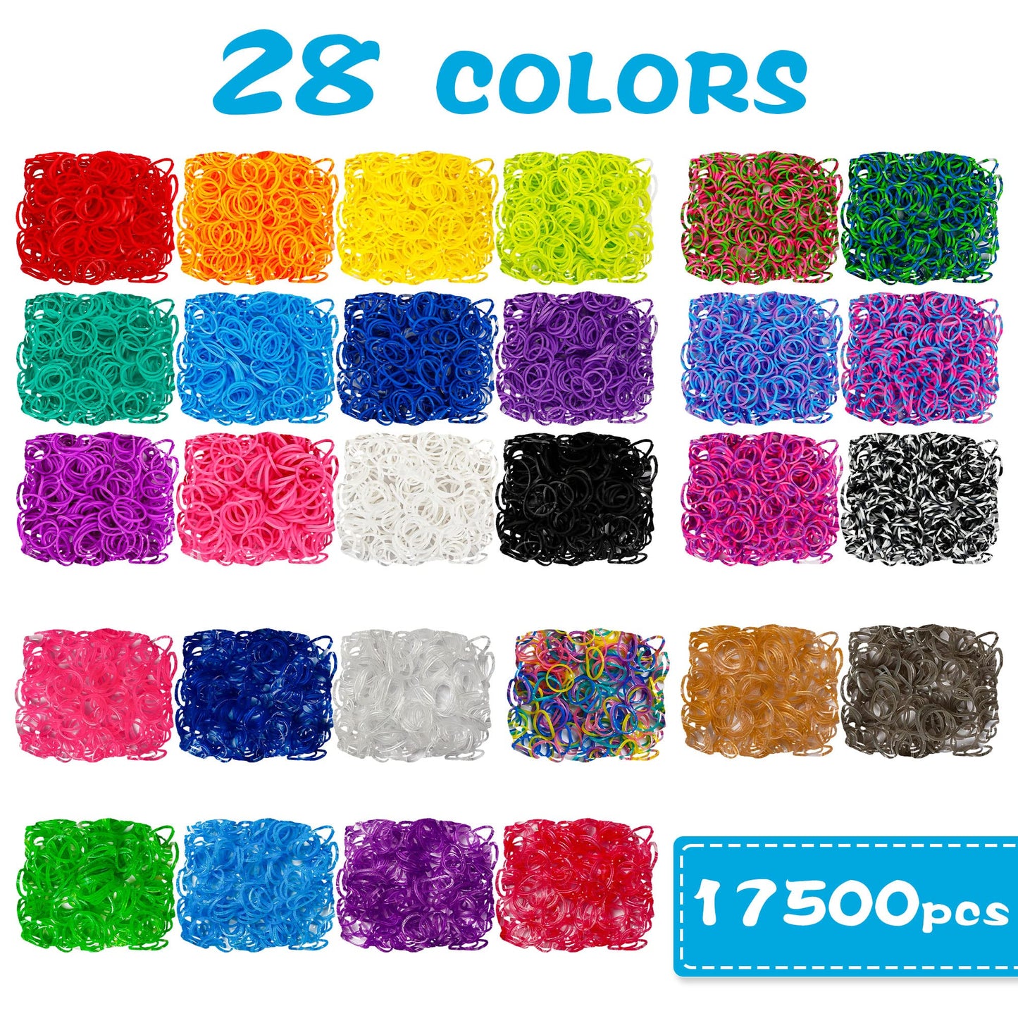 INSCRAFT 17500+ Rubber Loom Bands Kit – 28 Colors, 600 S-Clips, 352 Beads, 40 Pendants, 3-Layer Blue Container