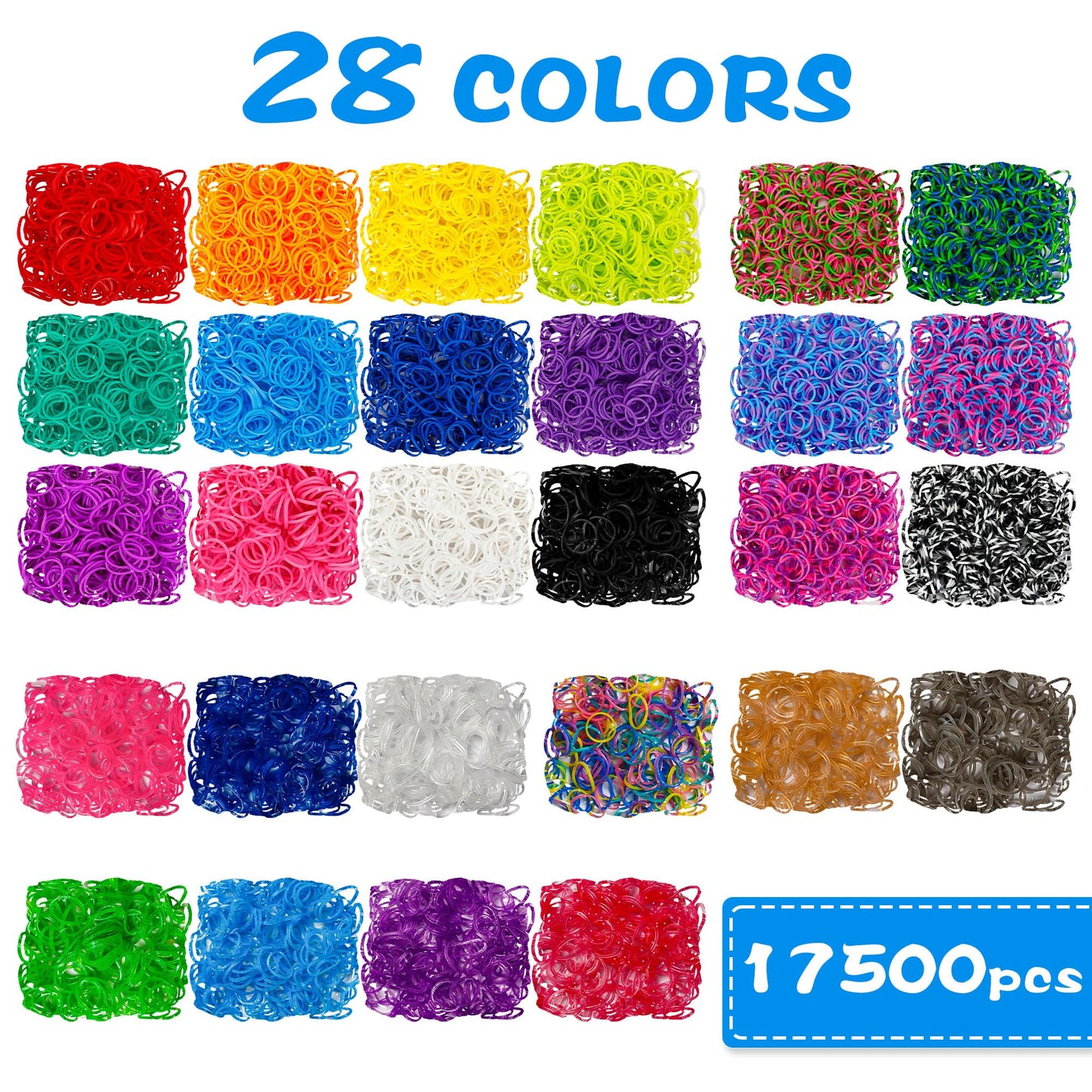 INSCRAFT 17500+ Rubber Loom Bands Kit – 28 Colors, 3-Layer Deep Blue Container, 600 S-Clips