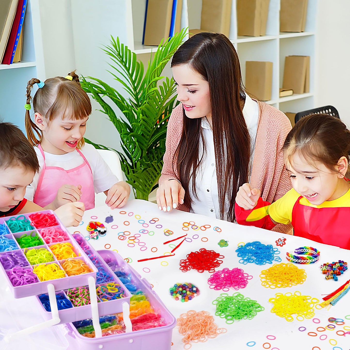 INSCRAFT 17500+ Rubber Loom Bands Kit – 28 Colors, 600 S-Clips, 352 Beads, 40 Pendants