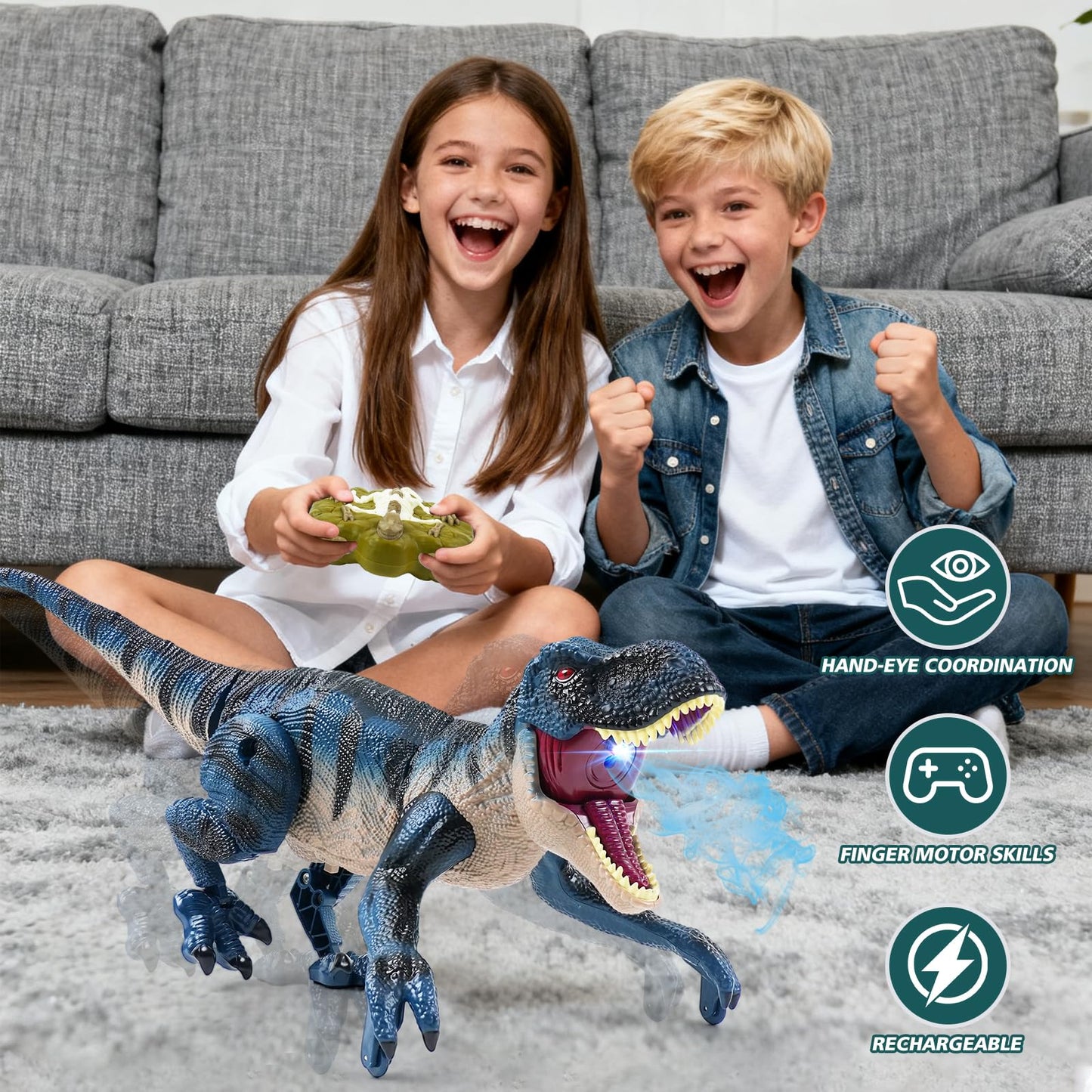 INSFUN 2.4GHz Remote Control Walking Dinosaur Toy – Interactive Dino with Roaring, Lights & Mist Spray