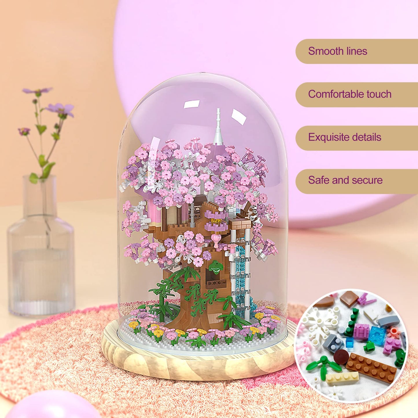 Insgen Cherry Blossom Bonsai Tree Building Set – 1382 Pcs with Lights, Dust Cover & Wooden Base