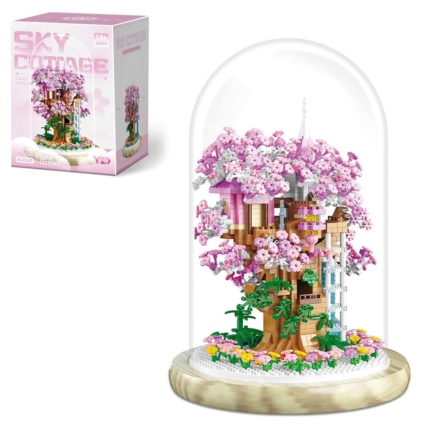 Insgen Cherry Blossom Bonsai Tree Building Set – 1382 Pcs with Lights, Dust Cover & Wooden Base