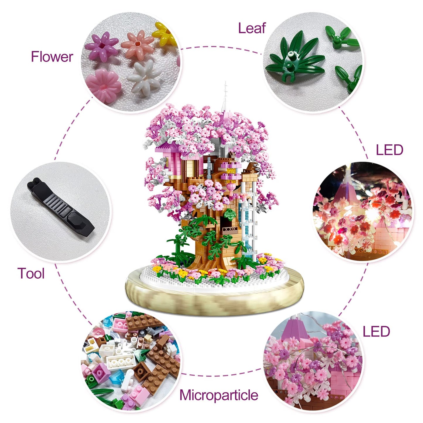 Insgen Cherry Blossom Bonsai Tree Building Set – 1382 Pcs with Lights, Dust Cover & Wooden Base