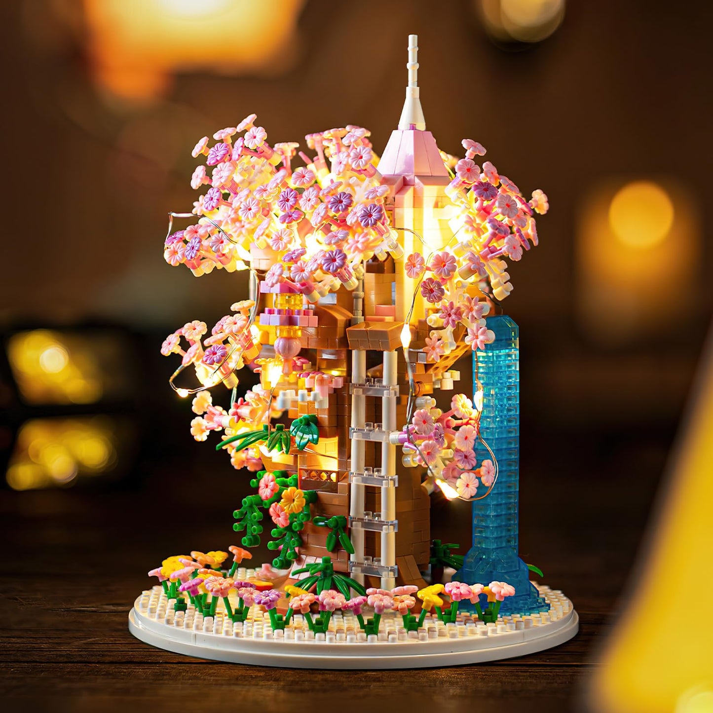 Insgen Cherry Blossom Bonsai Tree Building Set – 1382 Pcs with Lights, Dust Cover & Wooden Base