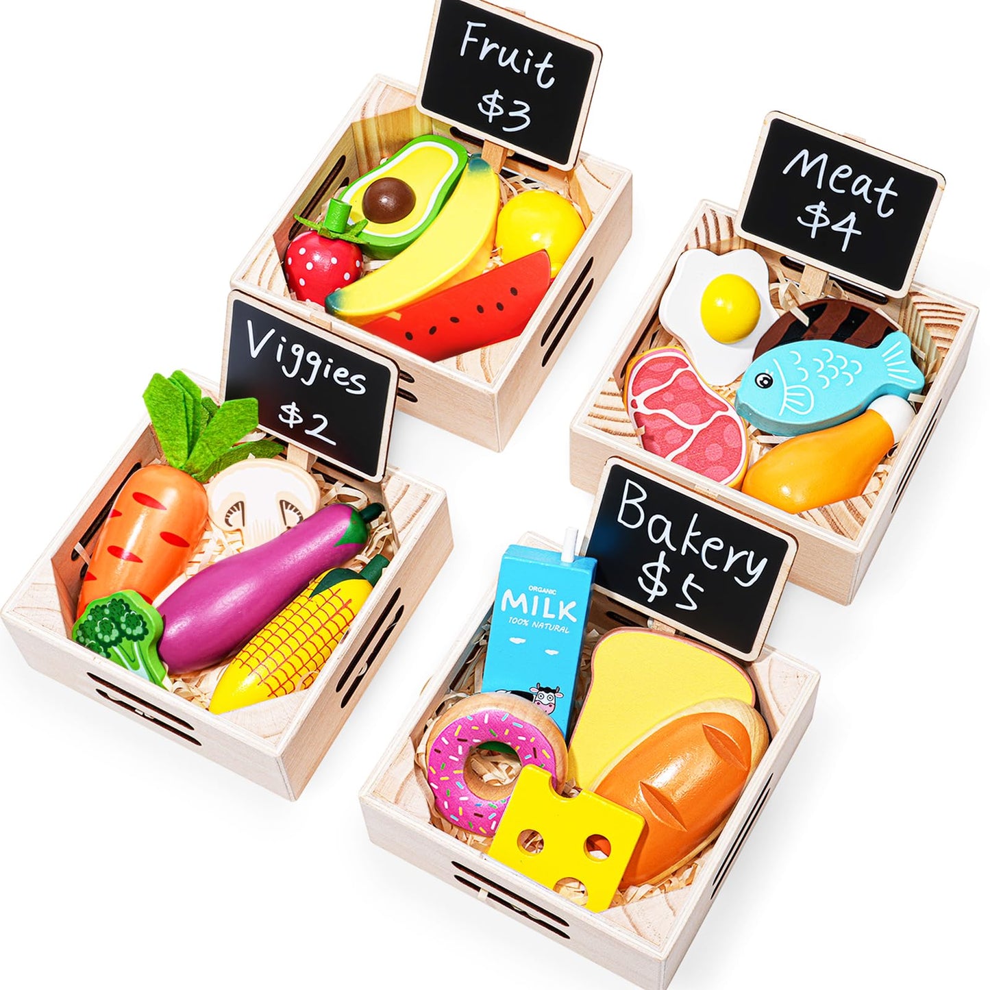 Inslat Food Groups: 20 Wooden Play Foods, 4 Crates & 4 Mini Blackboards – Pretend Kitchen Toys for Kids 3+